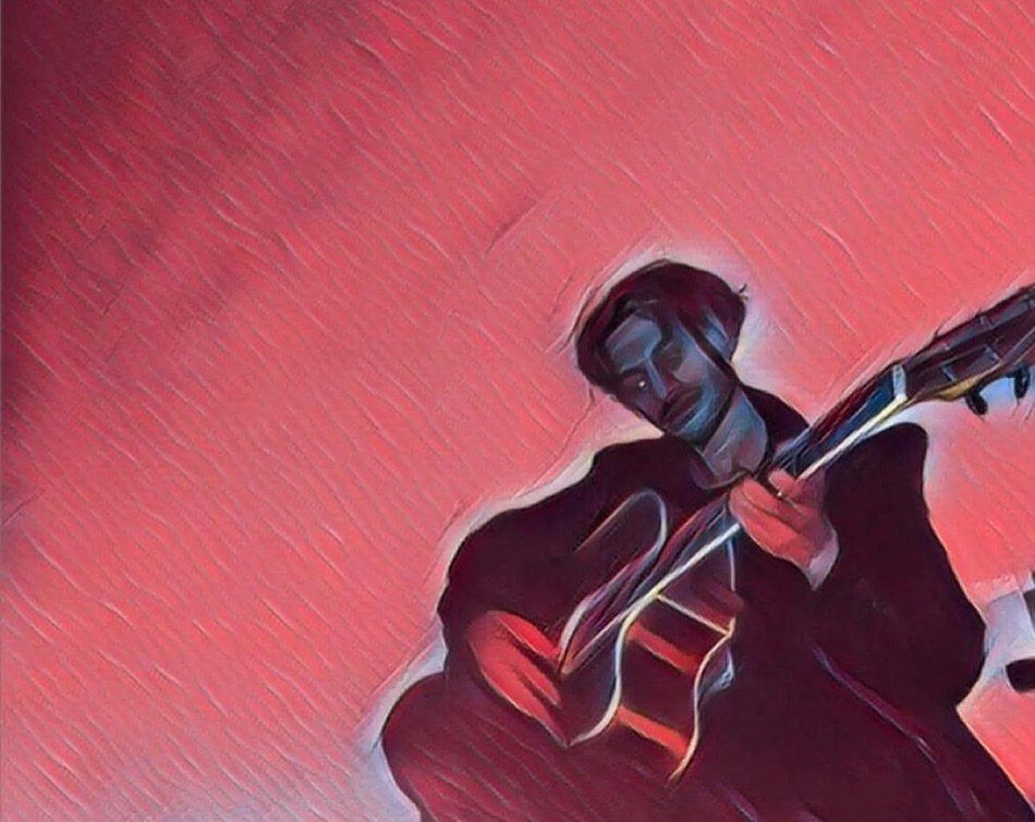 Painted portrait of TAKEE playing guitar